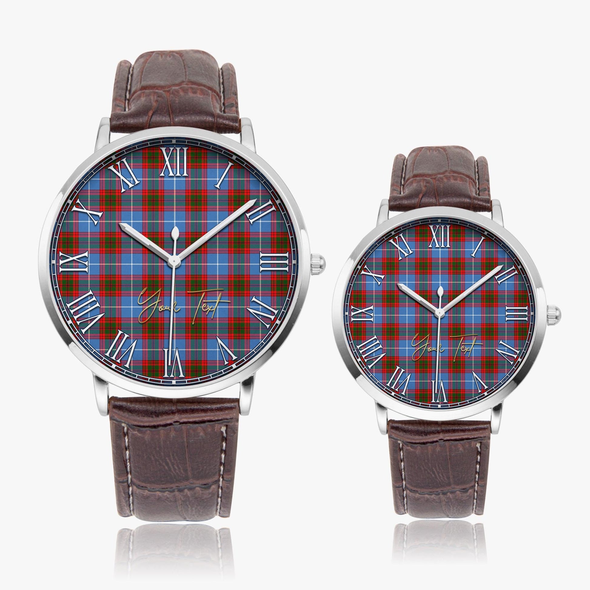 Crichton Tartan Personalized Your Text Leather Trap Quartz Watch Ultra Thin Silver Case With Brown Leather Strap - Tartanvibesclothing