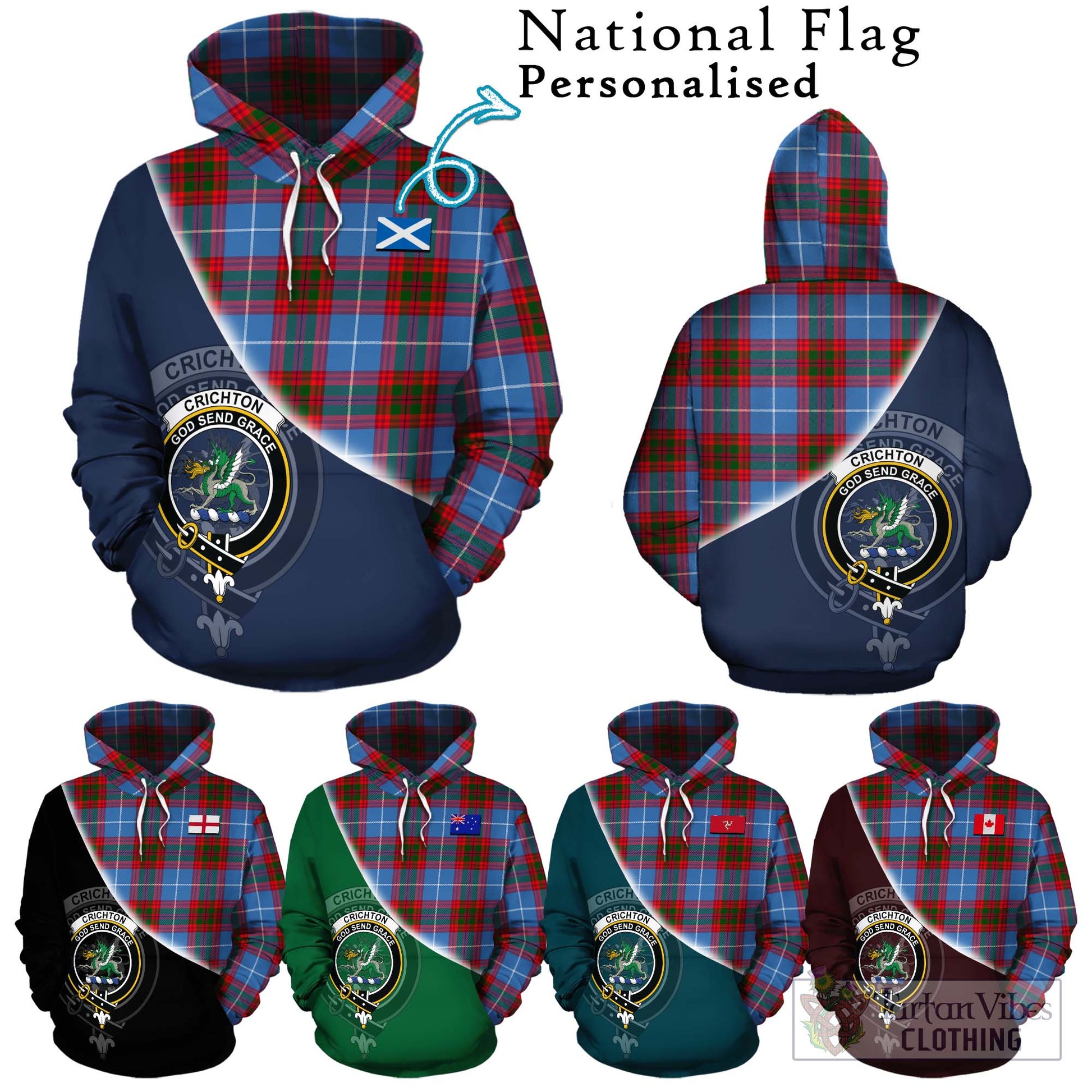 Tartan Vibes Clothing Crichton Tartan Hoodie with Personalised National Flag and Family Crest Half Style