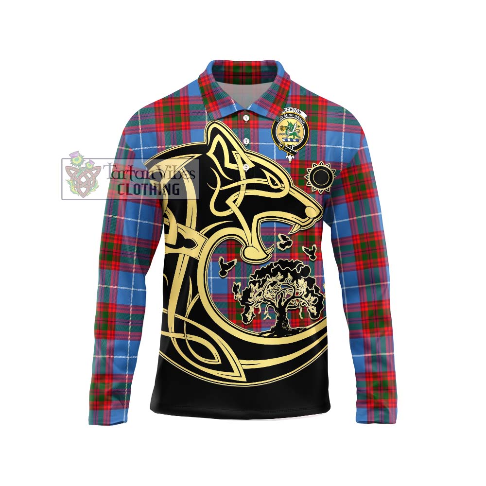 Tartan Vibes Clothing Crichton Tartan Long Sleeve Polo Shirt with Family Crest Celtic Wolf Style