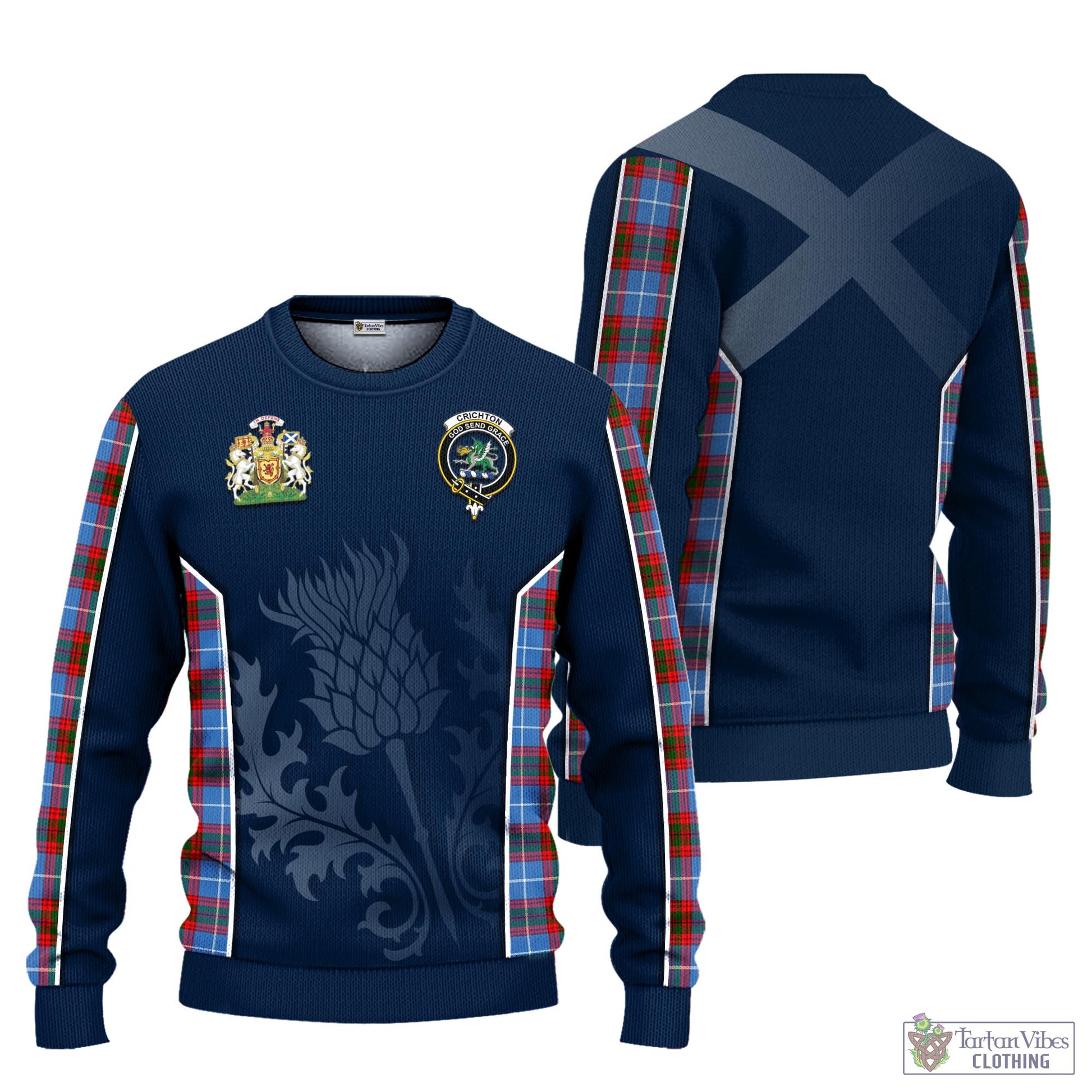 Tartan Vibes Clothing Crichton Tartan Knitted Sweatshirt with Family Crest and Scottish Thistle Vibes Sport Style