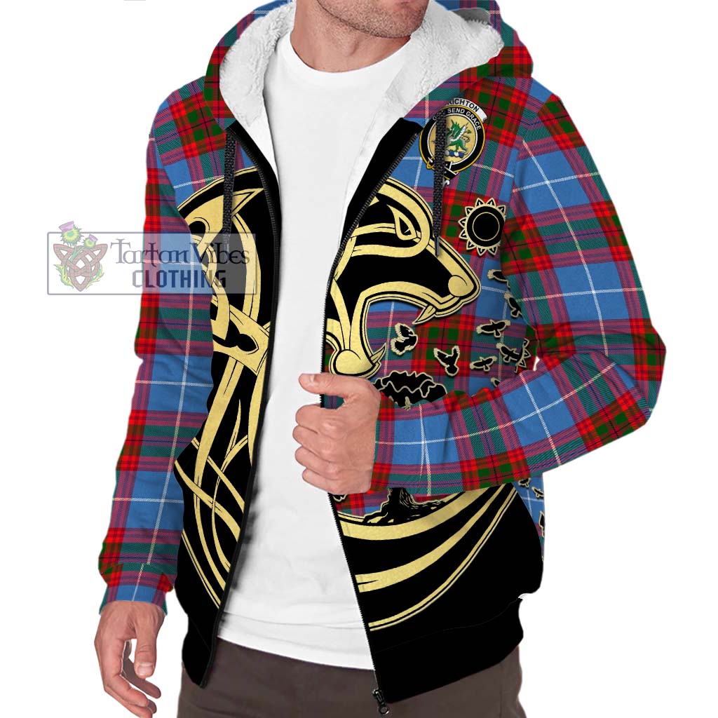 Tartan Vibes Clothing Crichton Tartan Sherpa Hoodie with Family Crest Celtic Wolf Style