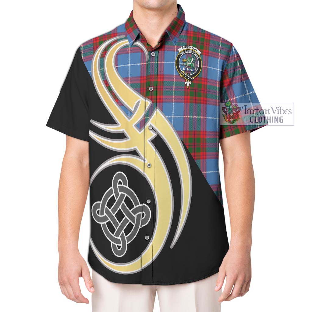 Tartan Vibes Clothing Crichton Tartan Short Sleeve Button Shirt with Family Crest and Celtic Symbol Style