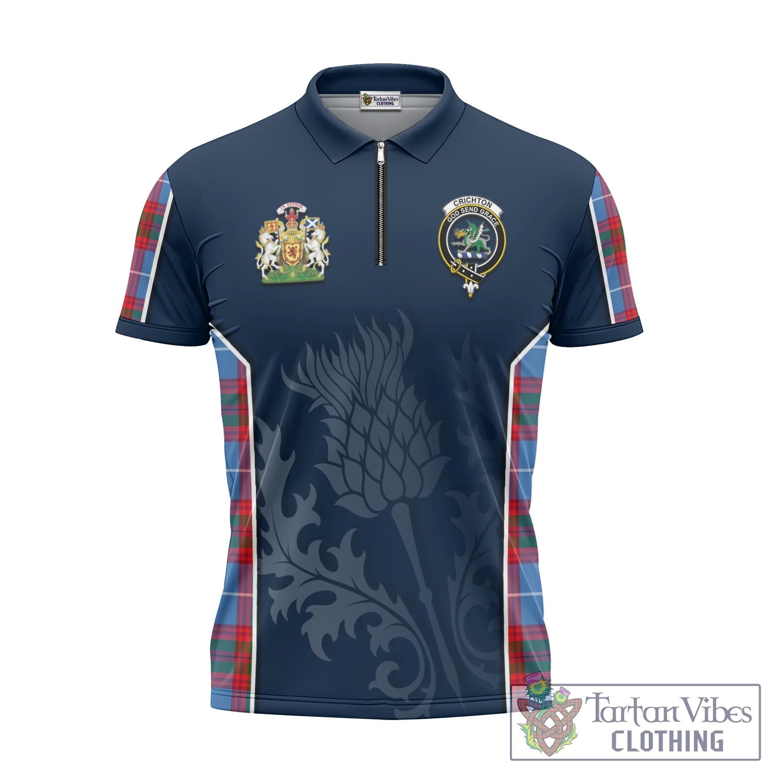 Tartan Vibes Clothing Crichton Tartan Zipper Polo Shirt with Family Crest and Scottish Thistle Vibes Sport Style