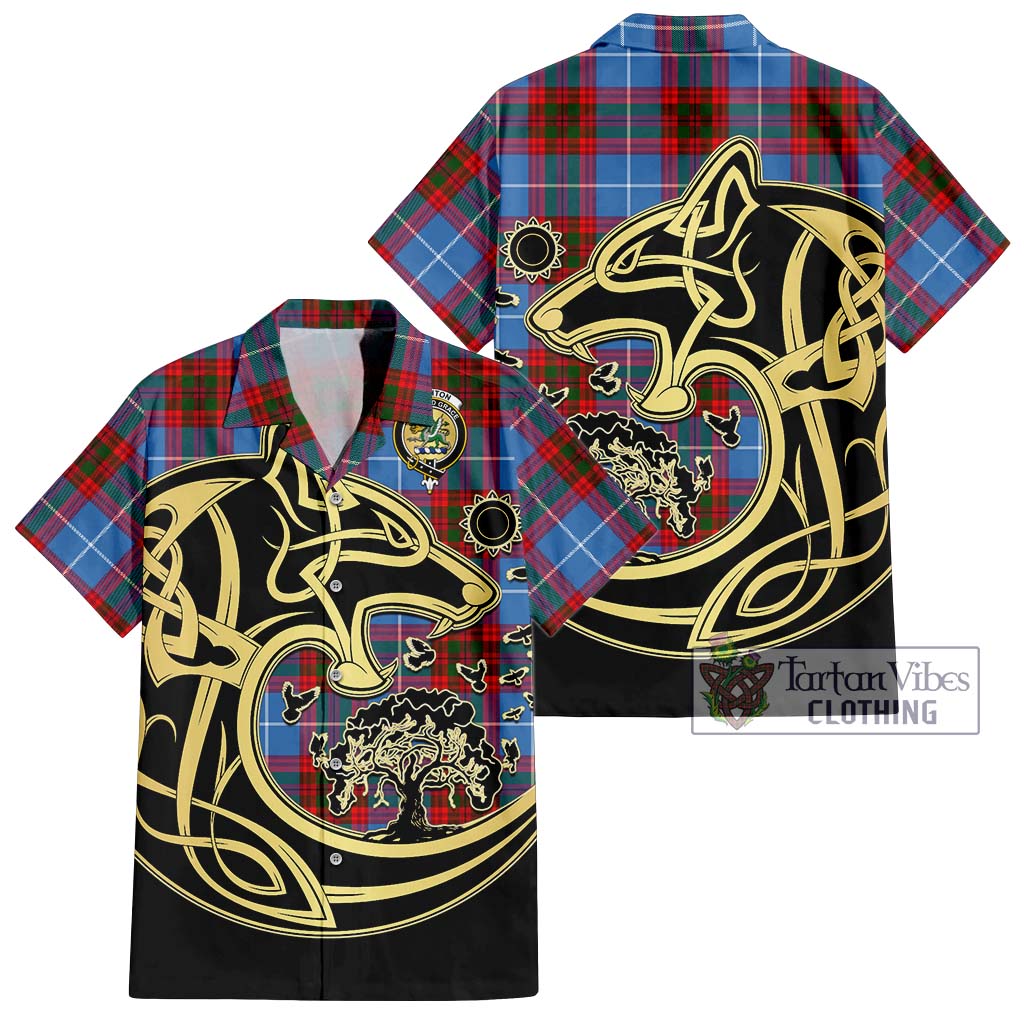 Tartan Vibes Clothing Crichton Tartan Short Sleeve Button Shirt with Family Crest Celtic Wolf Style