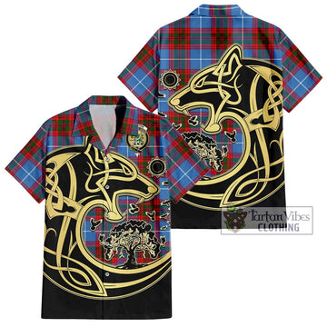 Crichton (Crighton) Tartan Short Sleeve Button Shirt with Family Crest Celtic Wolf Style