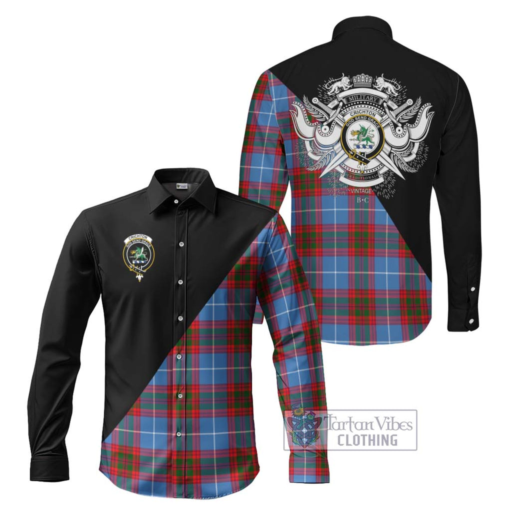 Crichton (Crighton) Tartan Long Sleeve Button Shirt with Family Crest and Military Logo Style Men's Shirt S - Tartanvibesclothing Shop