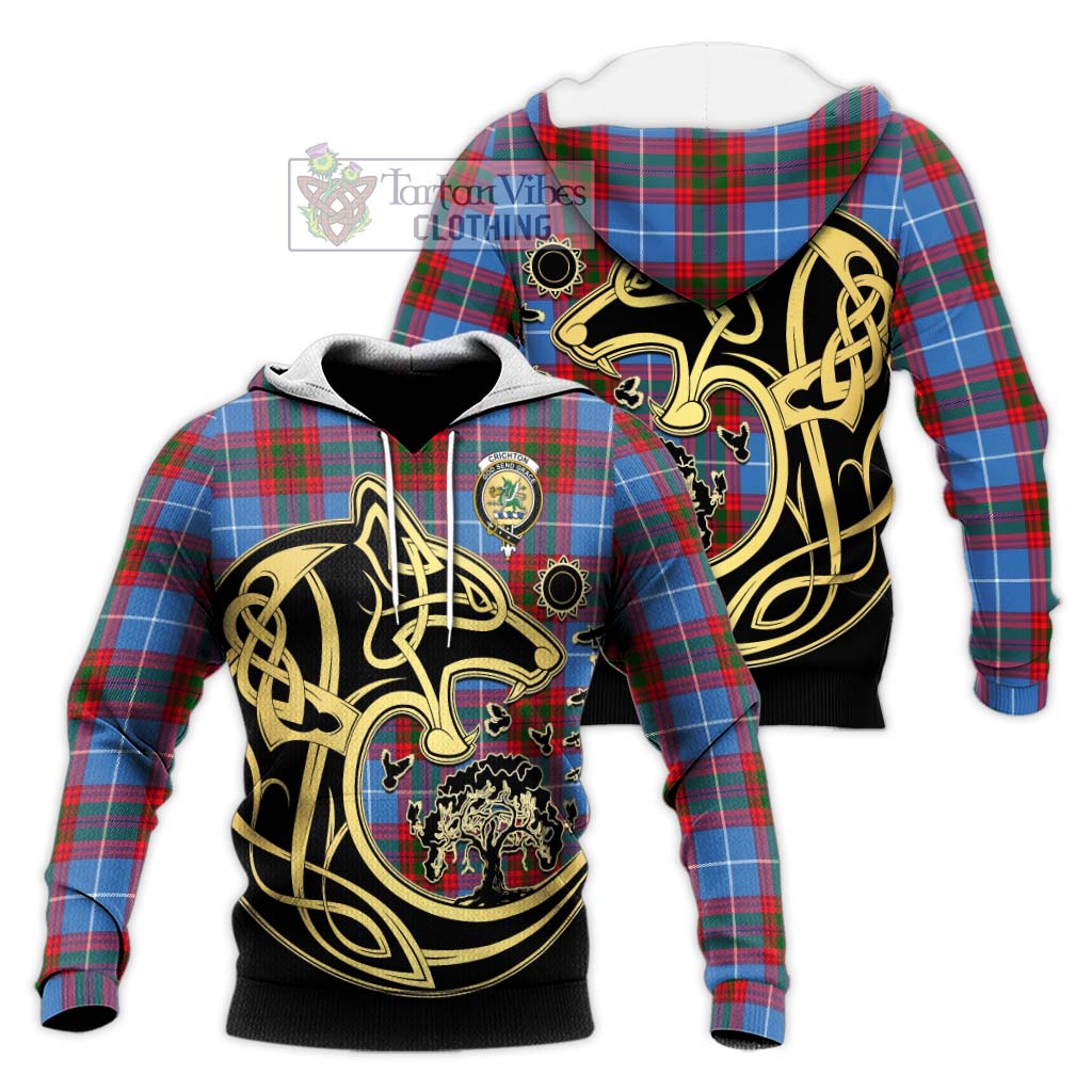 Tartan Vibes Clothing Crichton Tartan Knitted Hoodie with Family Crest Celtic Wolf Style