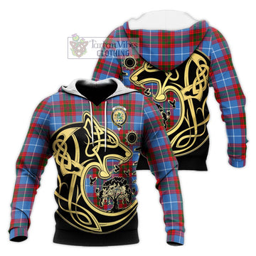 Crichton Tartan Knitted Hoodie with Family Crest Celtic Wolf Style
