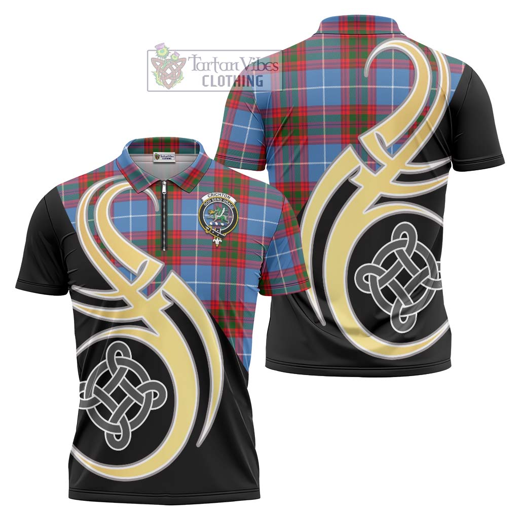 Tartan Vibes Clothing Crichton Tartan Zipper Polo Shirt with Family Crest and Celtic Symbol Style