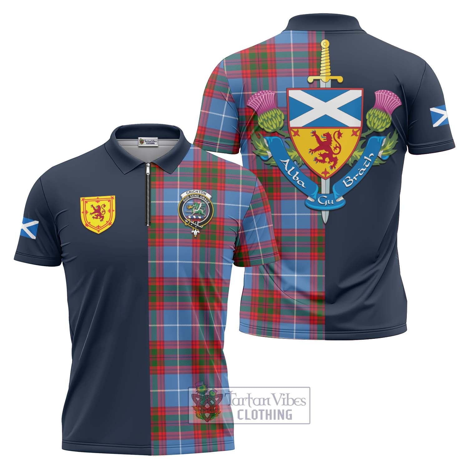 Tartan Vibes Clothing Crichton Tartan Zipper Polo Shirt with Scottish Lion Royal Arm Half Style