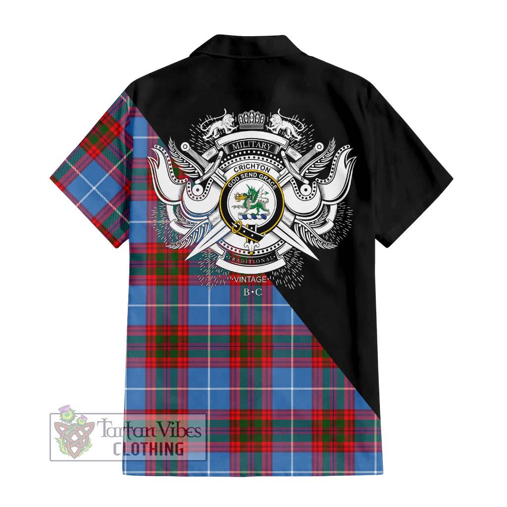 Tartan Vibes Clothing Crichton Tartan Short Sleeve Button Shirt with Family Crest and Military Logo Style