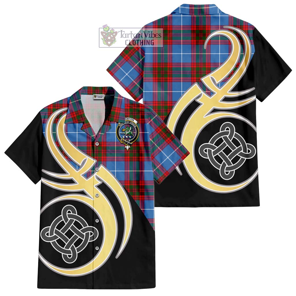 Tartan Vibes Clothing Crichton Tartan Short Sleeve Button Shirt with Family Crest and Celtic Symbol Style