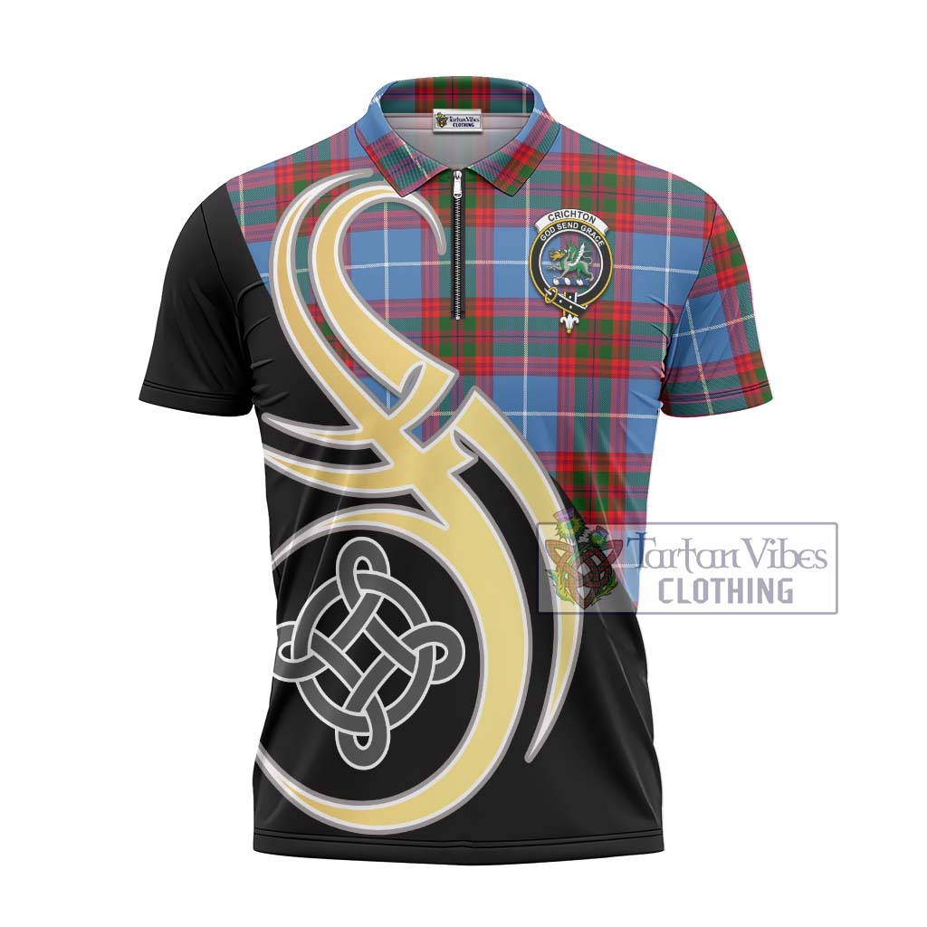 Tartan Vibes Clothing Crichton Tartan Zipper Polo Shirt with Family Crest and Celtic Symbol Style