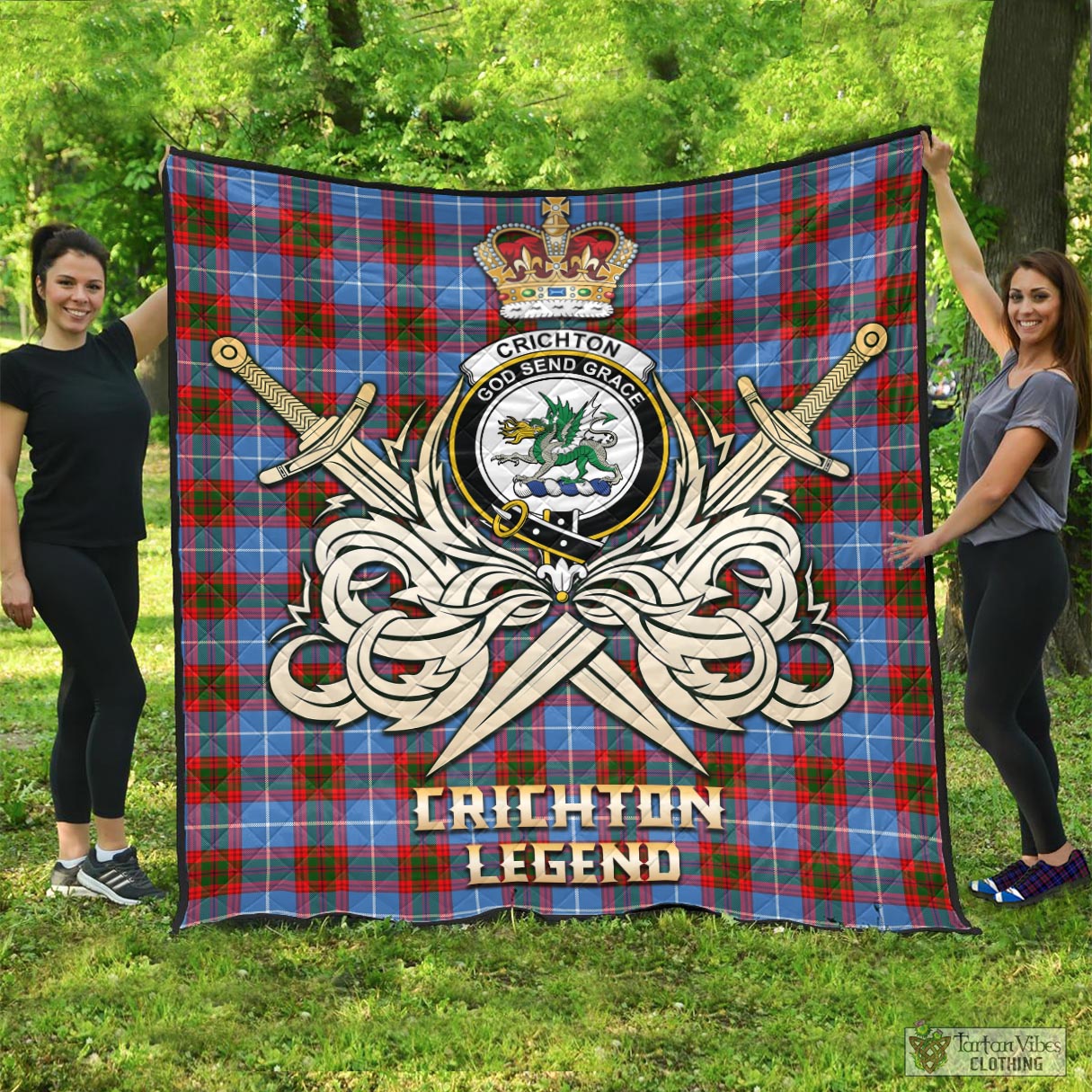 Tartan Vibes Clothing Crichton Tartan Quilt with Clan Crest and the Golden Sword of Courageous Legacy