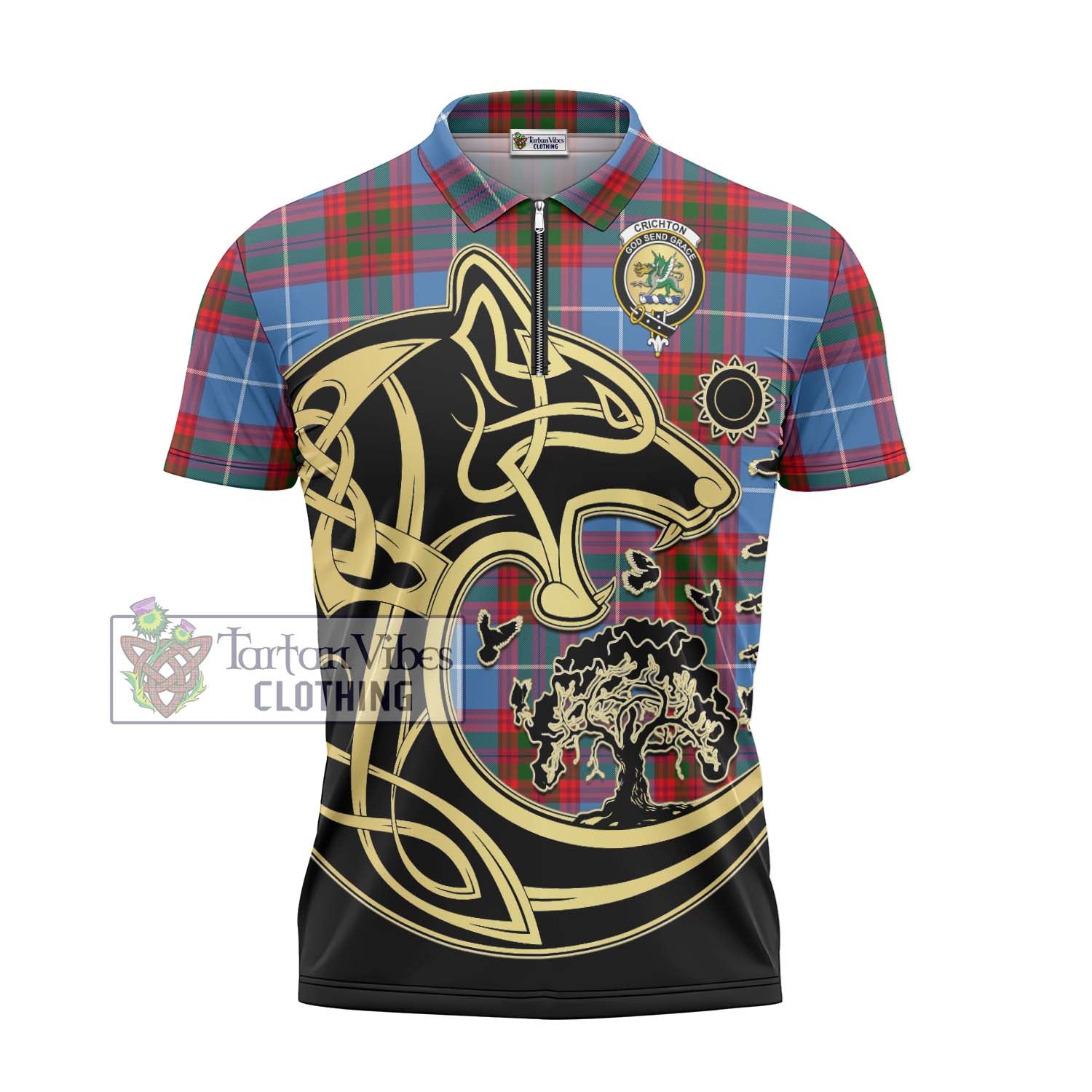 Tartan Vibes Clothing Crichton Tartan Zipper Polo Shirt with Family Crest Celtic Wolf Style