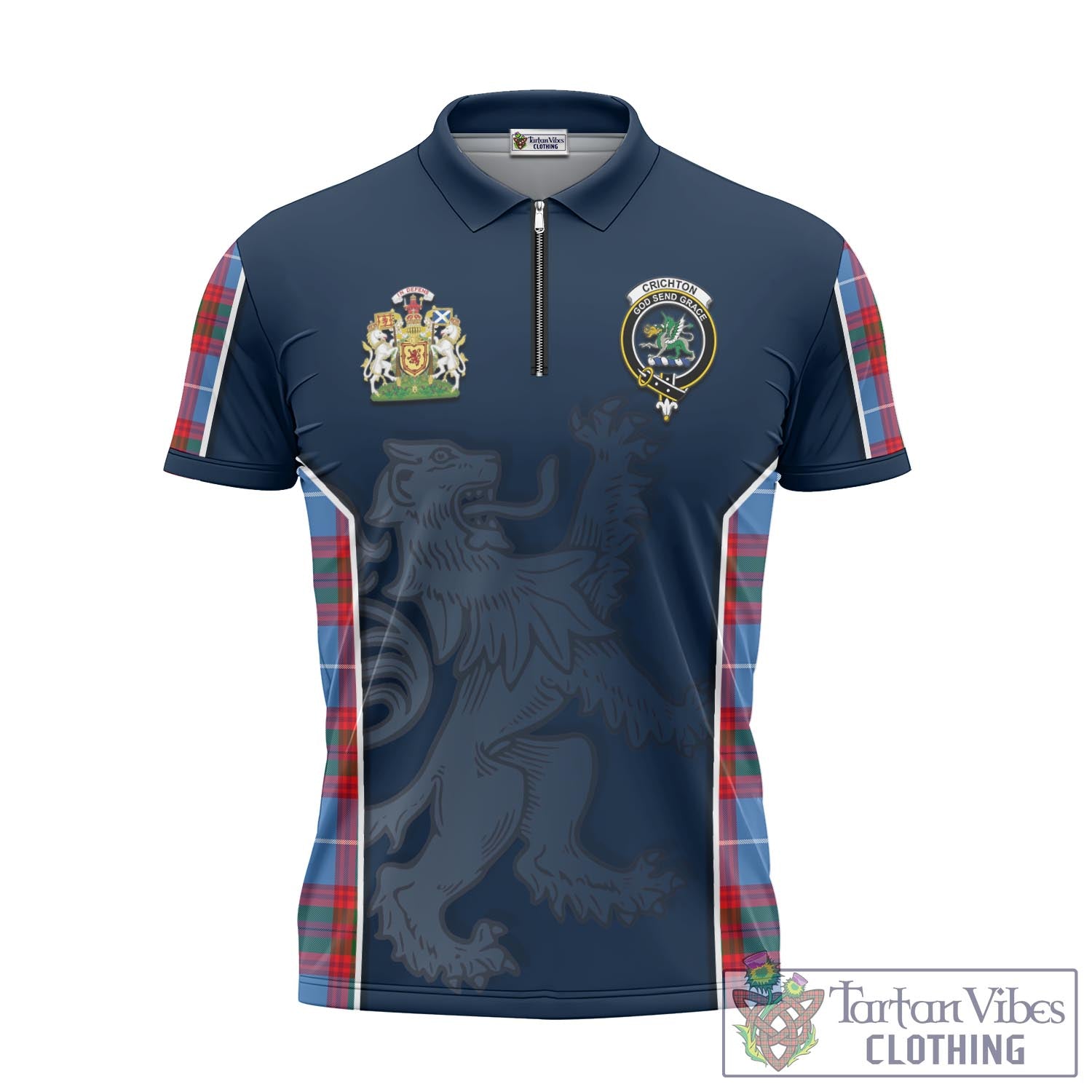Tartan Vibes Clothing Crichton Tartan Zipper Polo Shirt with Family Crest and Lion Rampant Vibes Sport Style