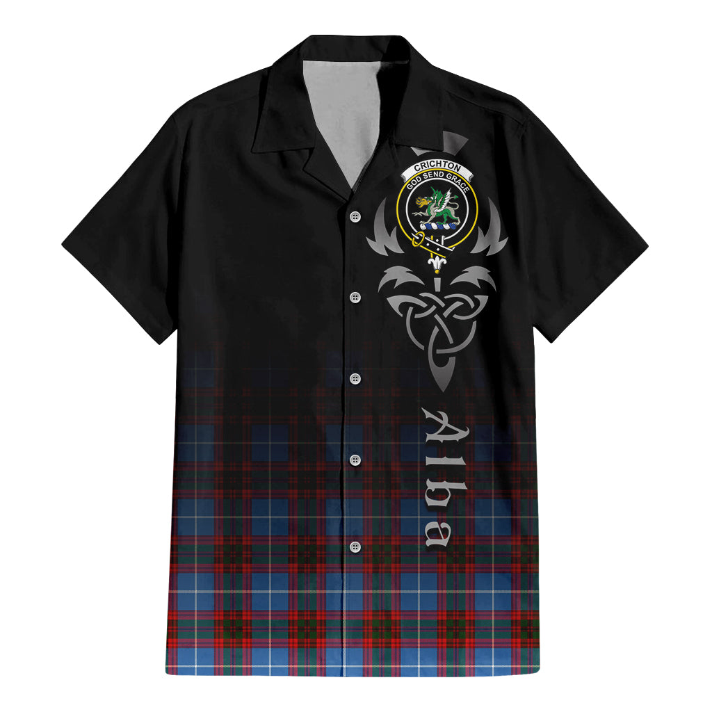 Tartan Vibes Clothing Crichton Tartan Short Sleeve Button Up Featuring Alba Gu Brath Family Crest Celtic Inspired