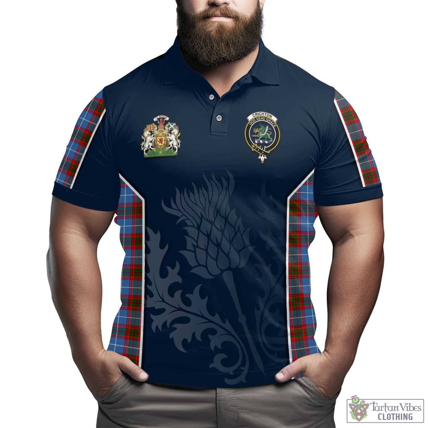 Tartan Vibes Clothing Crichton Tartan Men's Polo Shirt with Family Crest and Scottish Thistle Vibes Sport Style
