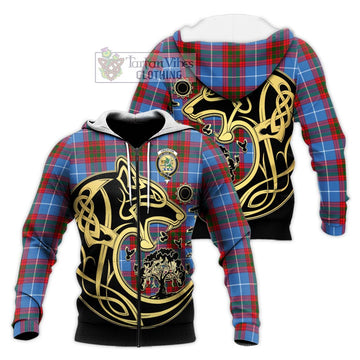 Crichton Tartan Knitted Hoodie with Family Crest Celtic Wolf Style