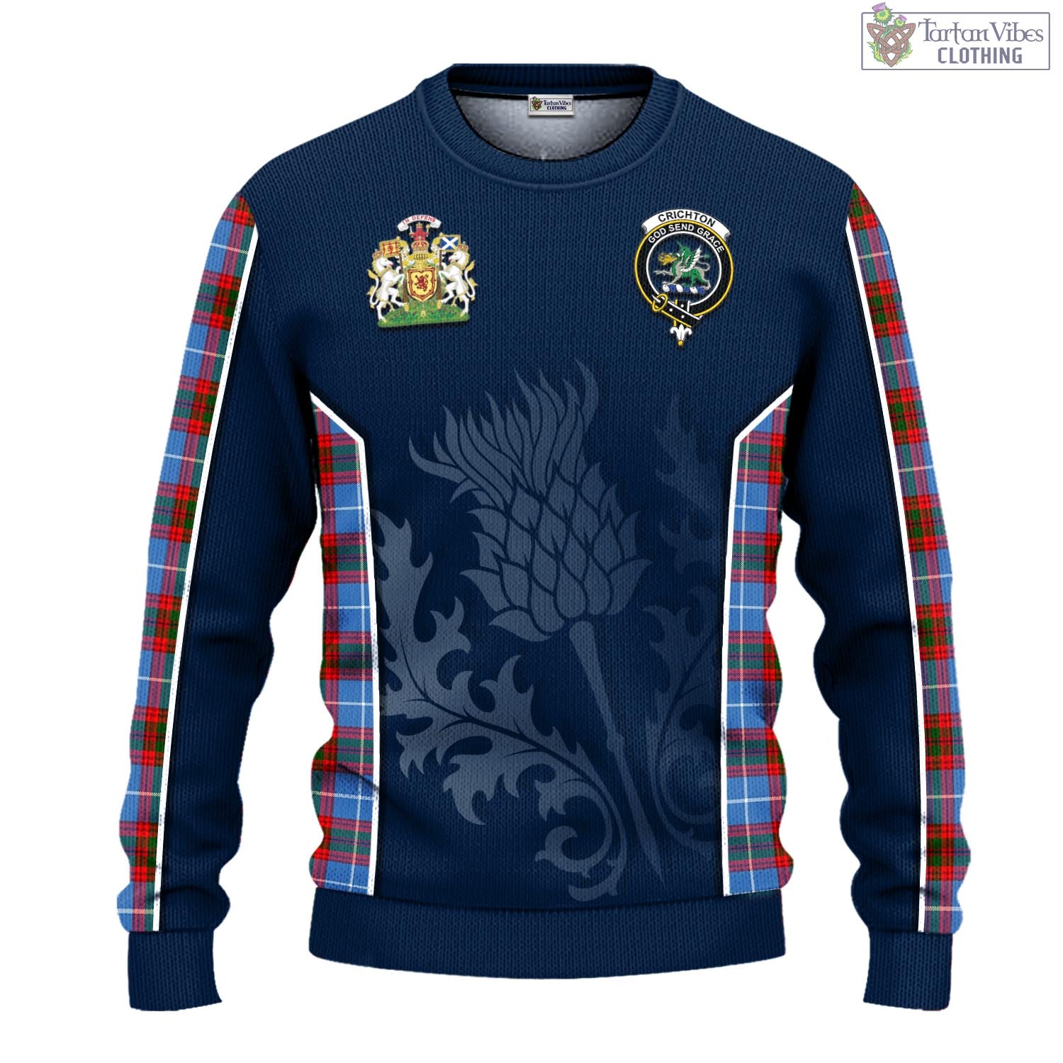 Tartan Vibes Clothing Crichton Tartan Knitted Sweatshirt with Family Crest and Scottish Thistle Vibes Sport Style