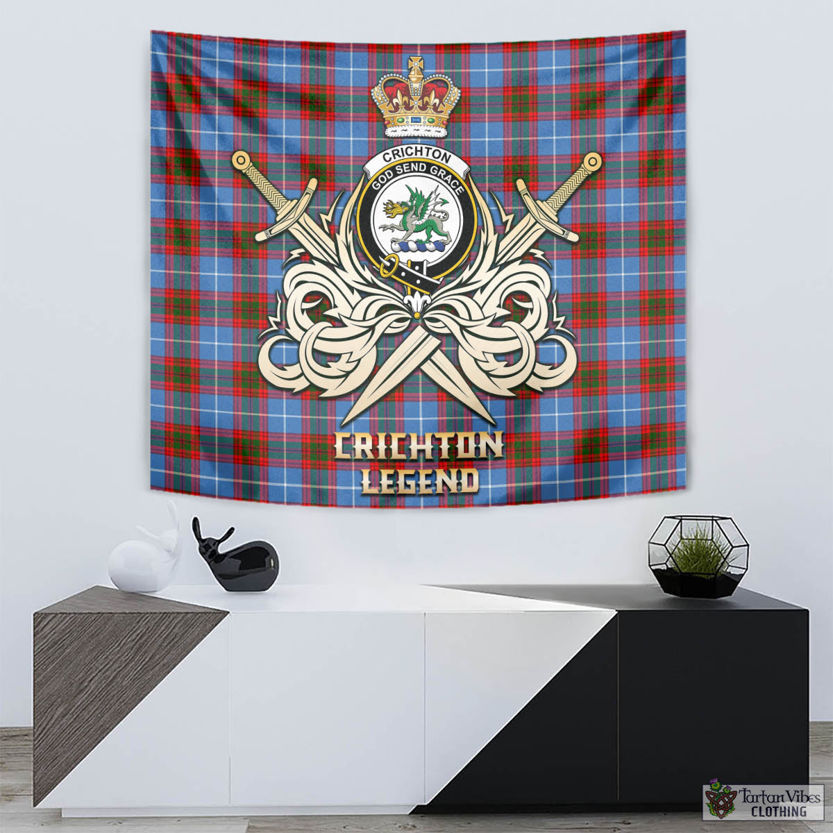 Tartan Vibes Clothing Crichton Tartan Tapestry with Clan Crest and the Golden Sword of Courageous Legacy