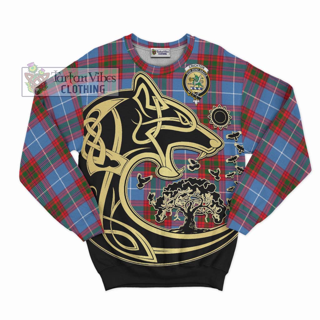 Tartan Vibes Clothing Crichton Tartan Sweatshirt with Family Crest Celtic Wolf Style