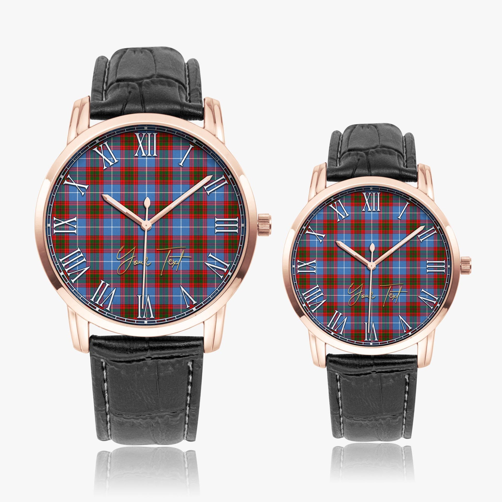 Crichton Tartan Personalized Your Text Leather Trap Quartz Watch Wide Type Rose Gold Case With Black Leather Strap - Tartanvibesclothing