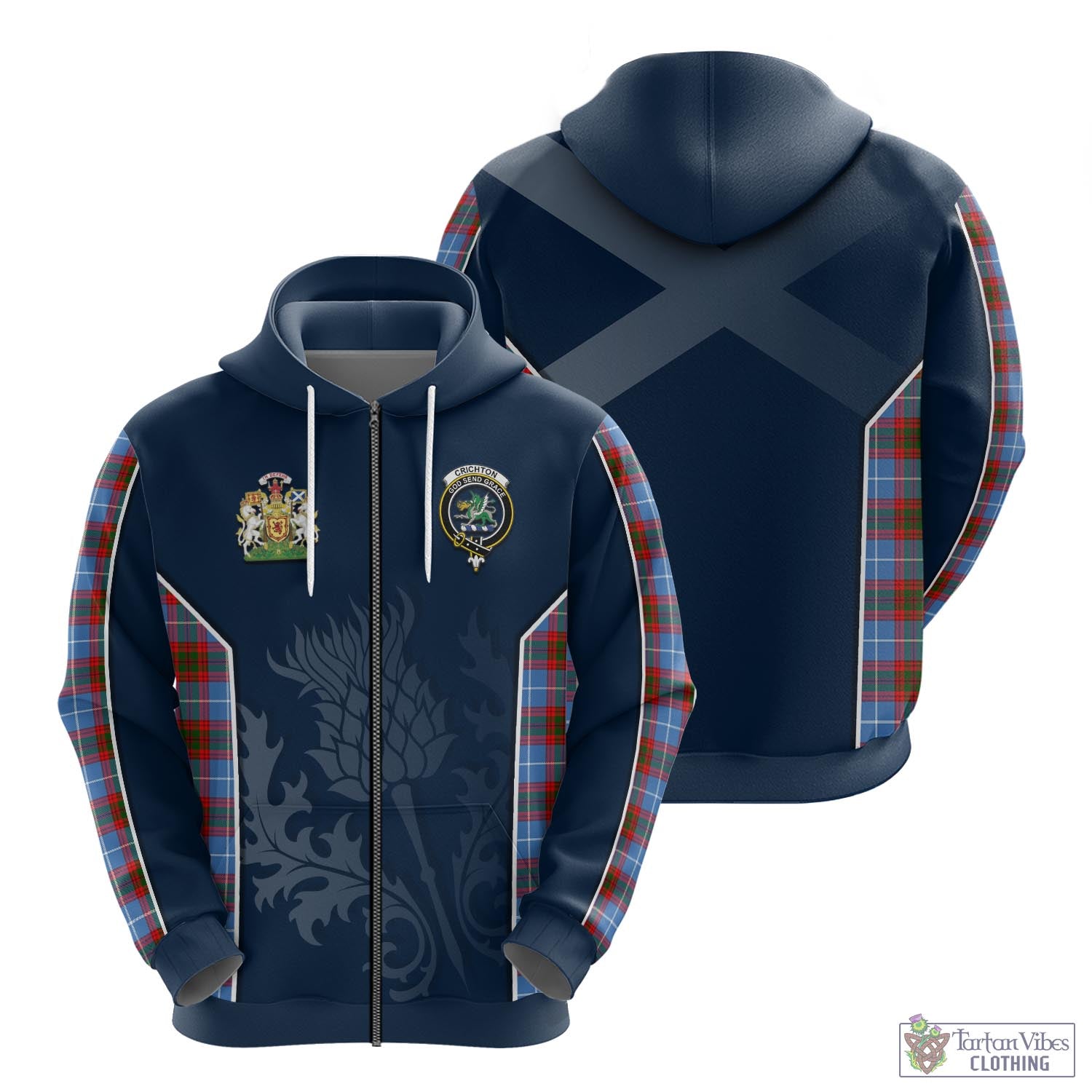 Tartan Vibes Clothing Crichton Tartan Hoodie with Family Crest and Scottish Thistle Vibes Sport Style
