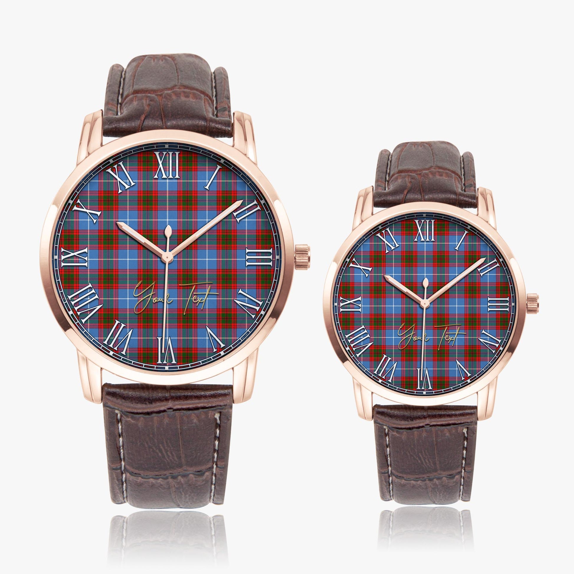 Crichton Tartan Personalized Your Text Leather Trap Quartz Watch Wide Type Rose Gold Case With Brown Leather Strap - Tartanvibesclothing