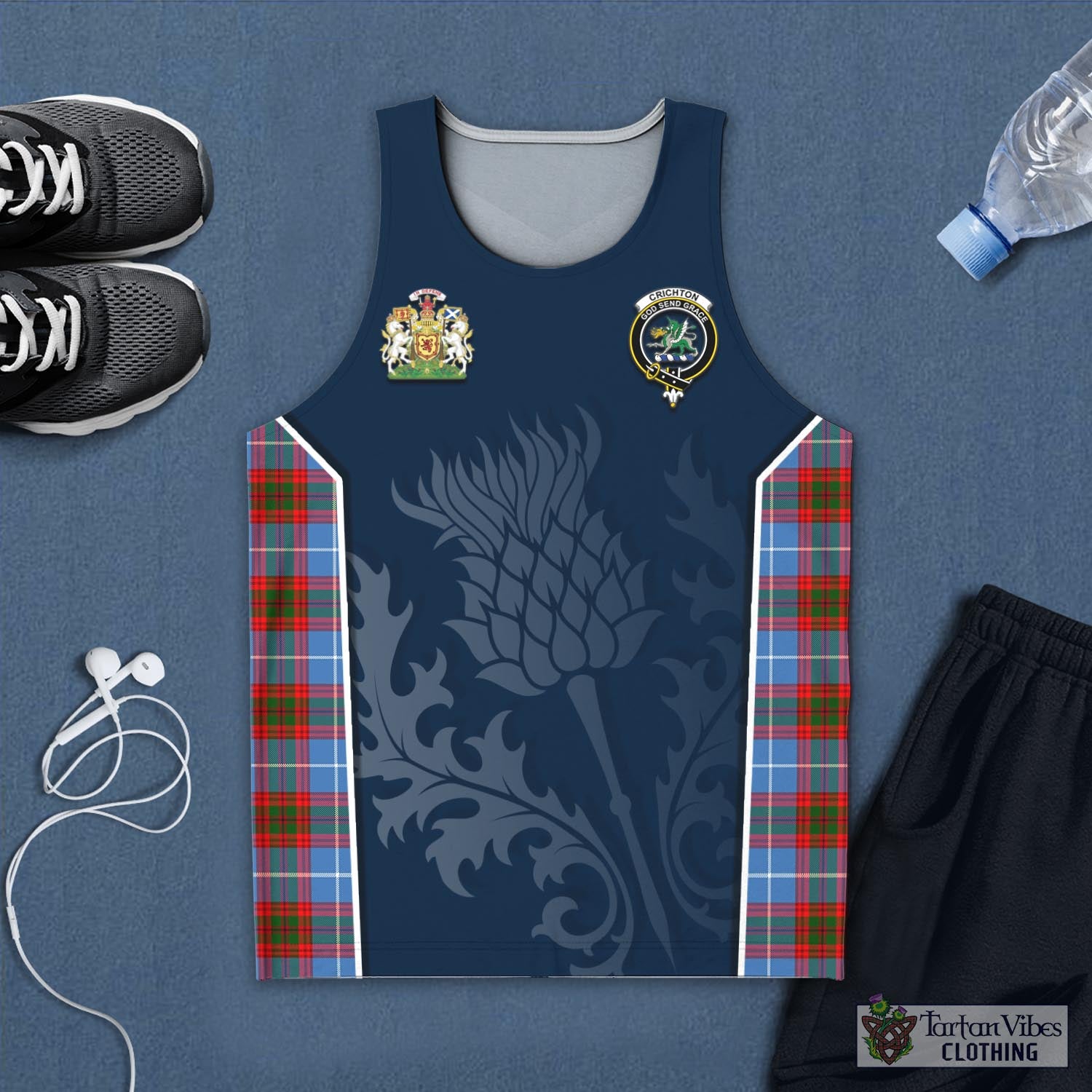 Tartan Vibes Clothing Crichton Tartan Men's Tanks Top with Family Crest and Scottish Thistle Vibes Sport Style