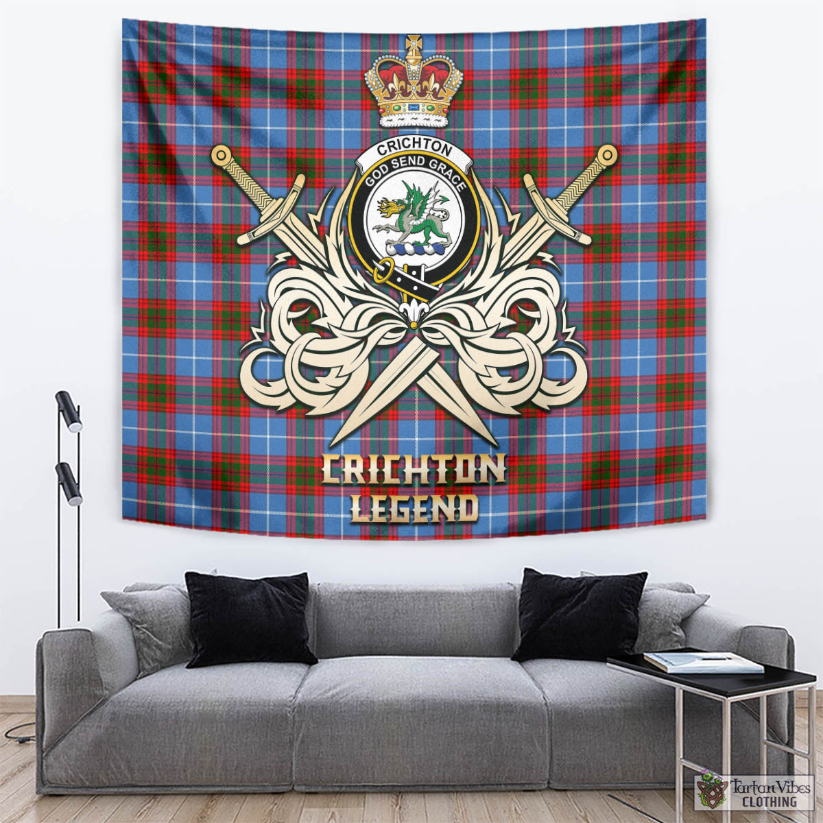 Tartan Vibes Clothing Crichton Tartan Tapestry with Clan Crest and the Golden Sword of Courageous Legacy