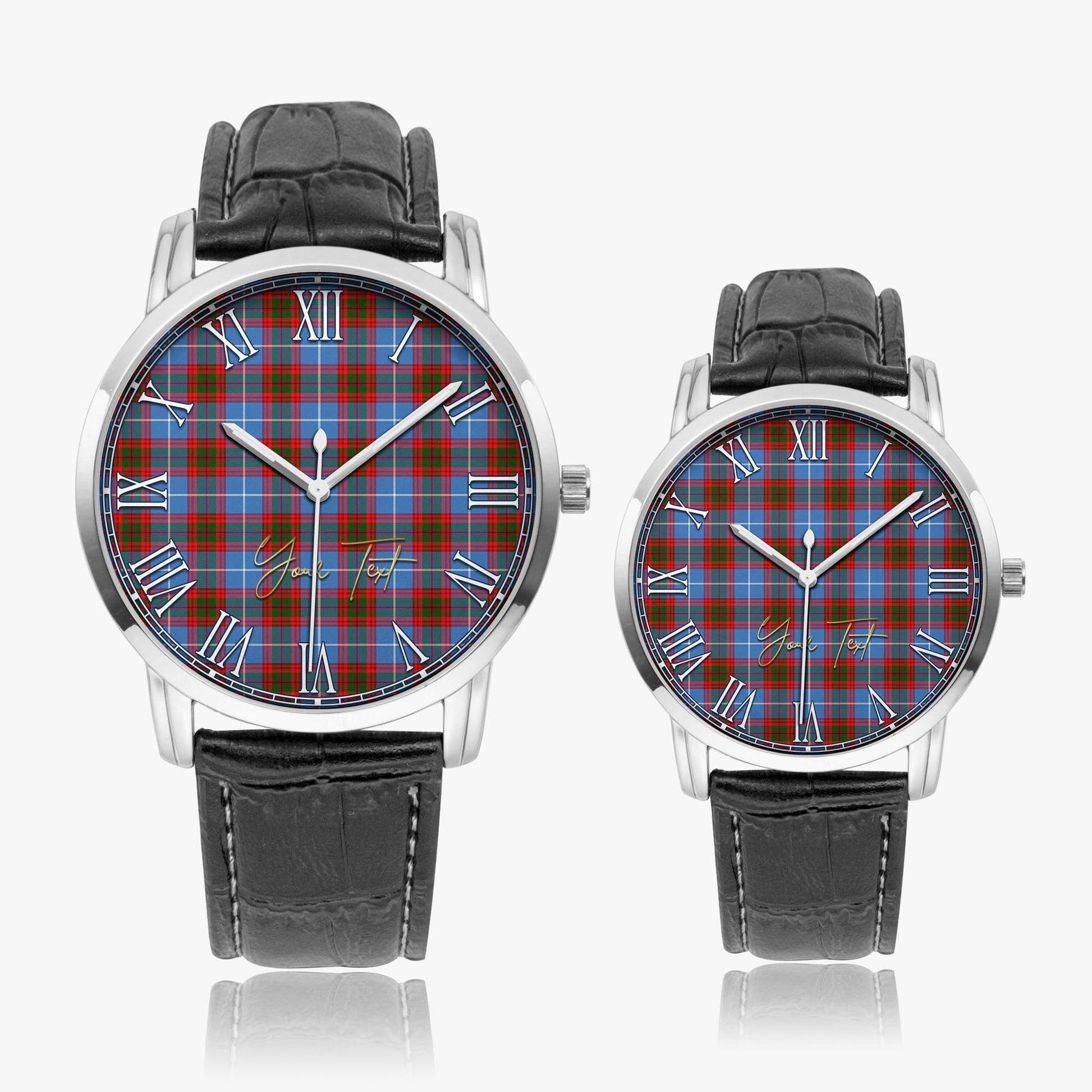 Crichton Tartan Personalized Your Text Leather Trap Quartz Watch Wide Type Silver Case With Black Leather Strap - Tartanvibesclothing