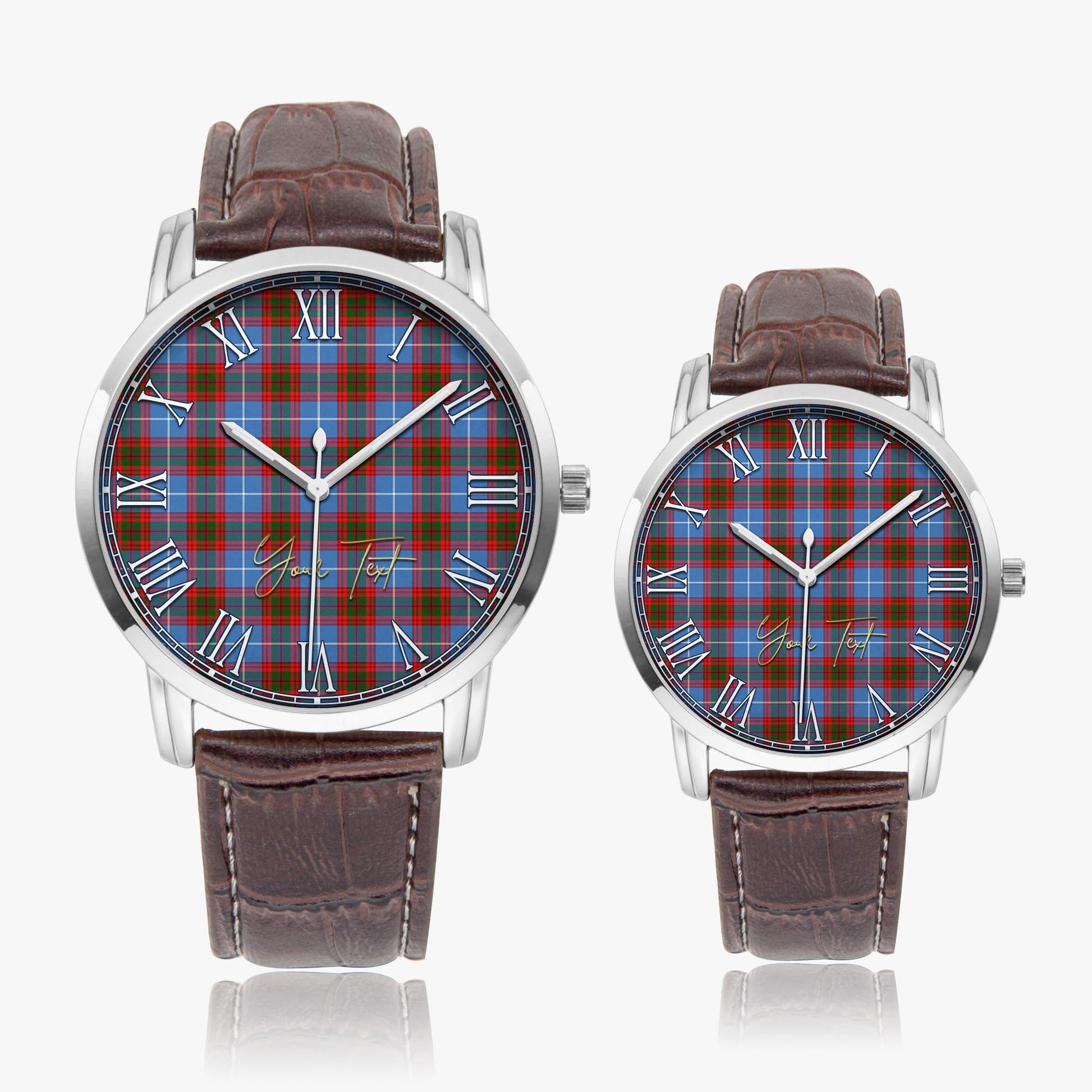 Crichton Tartan Personalized Your Text Leather Trap Quartz Watch Wide Type Silver Case With Brown Leather Strap - Tartanvibesclothing