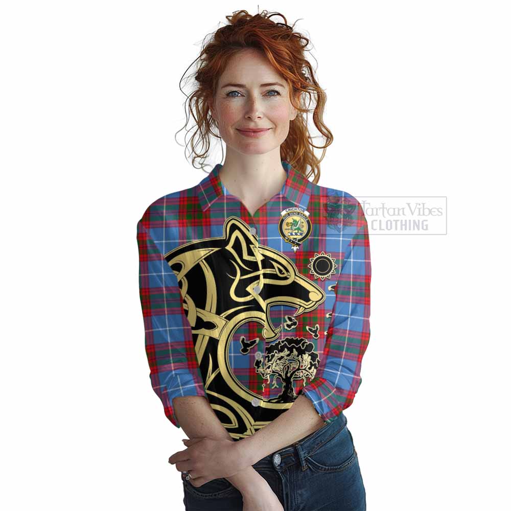 Tartan Vibes Clothing Crichton (Crighton) Tartan Women's Casual Shirt with Family Crest Celtic Wolf Style