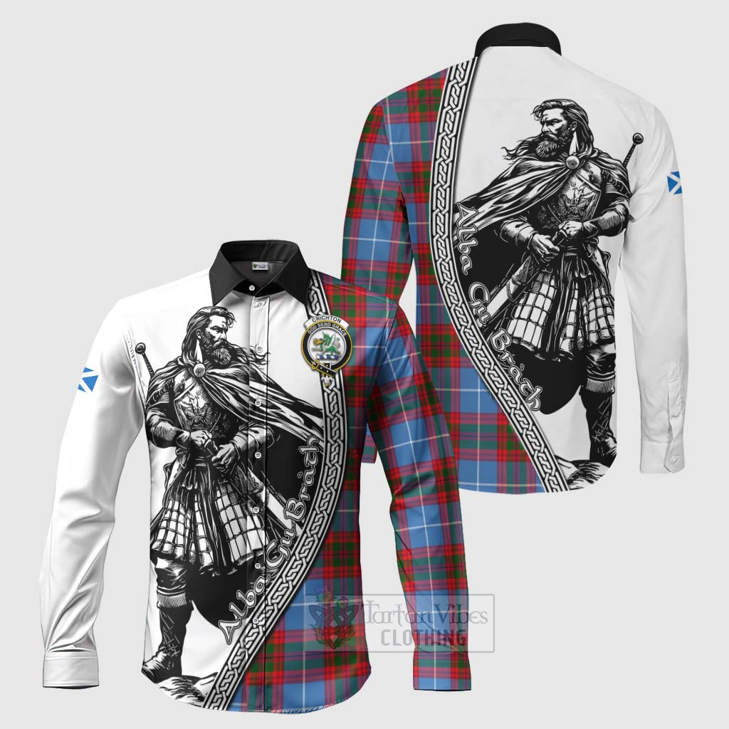 Tartan Vibes Clothing Crichton (Crighton) Tartan Clan Crest Long Sleeve Button Shirt with Highlander Warrior Celtic Style