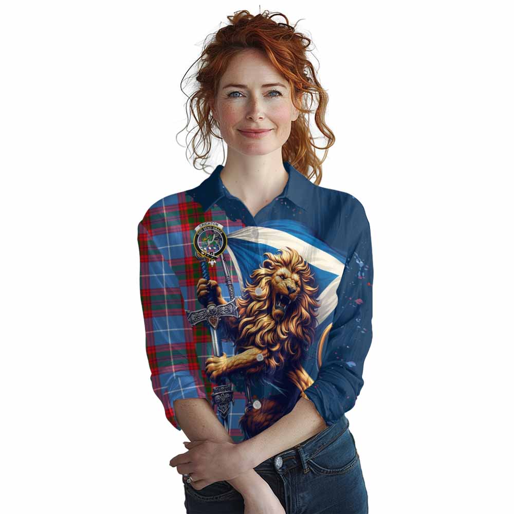 Tartan Vibes Clothing Crichton (Crighton) Tartan Family Crest Women's Casual Shirt with Scottish Majestic Lion