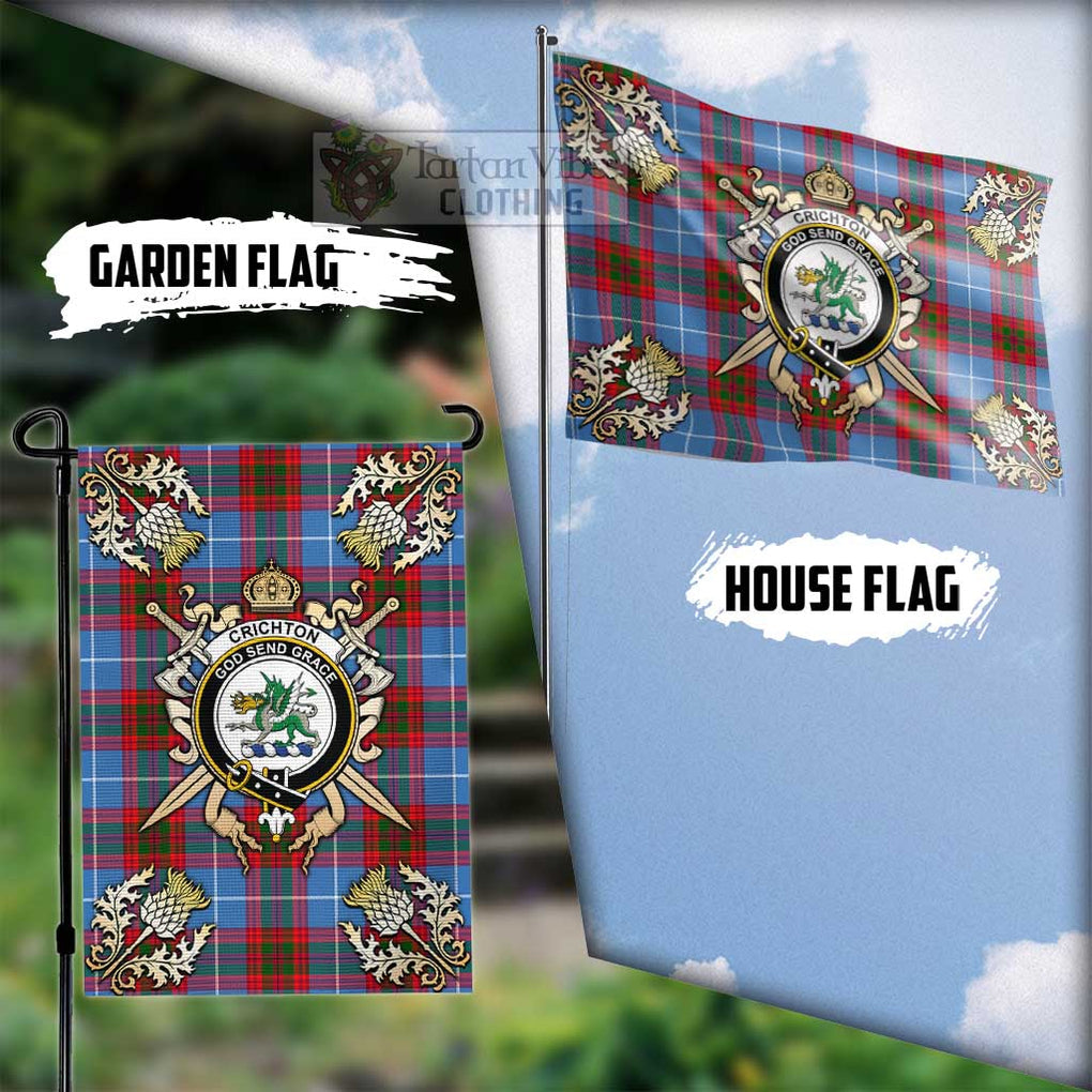 Tartan Vibes Clothing Crichton (Crighton) Tartan Flag with Family Crest and Golden Thistle Crossed Sword Design