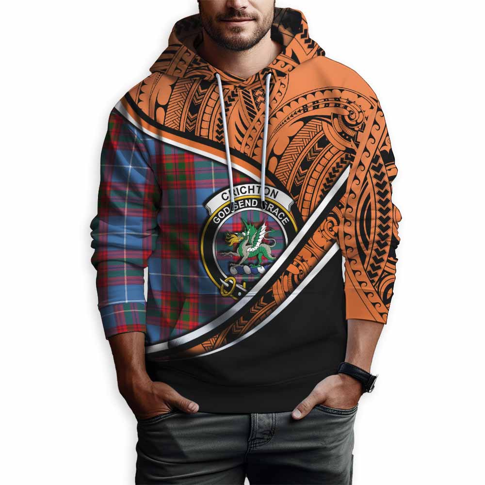 Tartan Vibes Clothing Crichton (Crighton) Crest Tartan Hoodie with Maori Tattoo Style - Orange Version