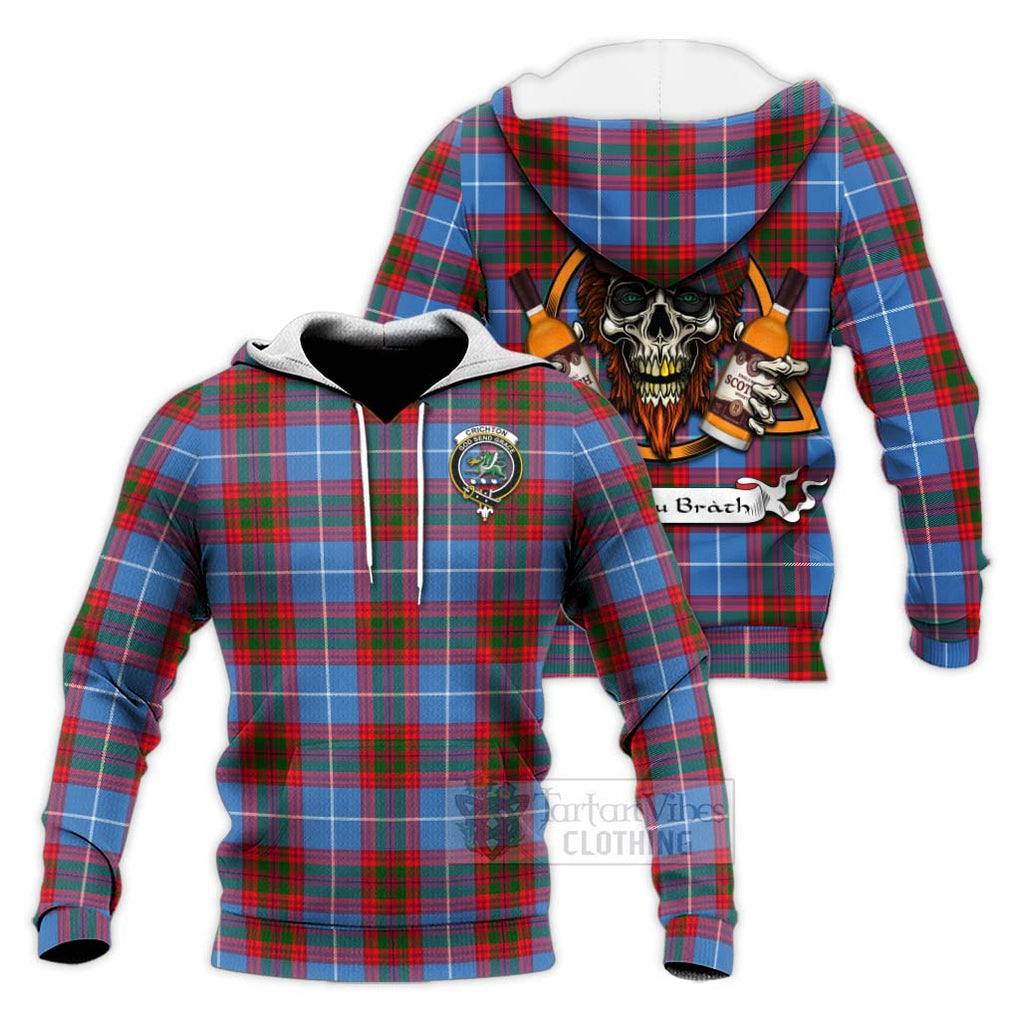 Tartan Vibes Clothing Crichton (Crighton) Tartan Knitted Hoodie with Family Crest and Bearded Skull Holding Bottles of Whiskey