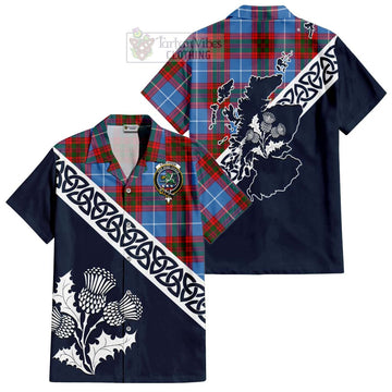 Crichton (Crighton) Tartan Short Sleeve Button Shirt Featuring Thistle and Scotland Map