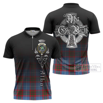 Crichton (Crighton) Tartan Zipper Polo Shirt Featuring Alba Gu Brath Family Crest Celtic Inspired