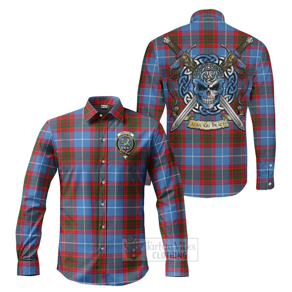 Tartan Vibes Clothing Crichton (Crighton) Tartan Long Sleeve Button Shirt with Family Crest Celtic Skull Style