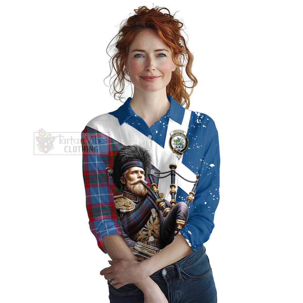 Tartan Vibes Clothing Crichton (Crighton) Tartan Women's Casual Shirt with Family Crest Scottish Bagpiper Vibes