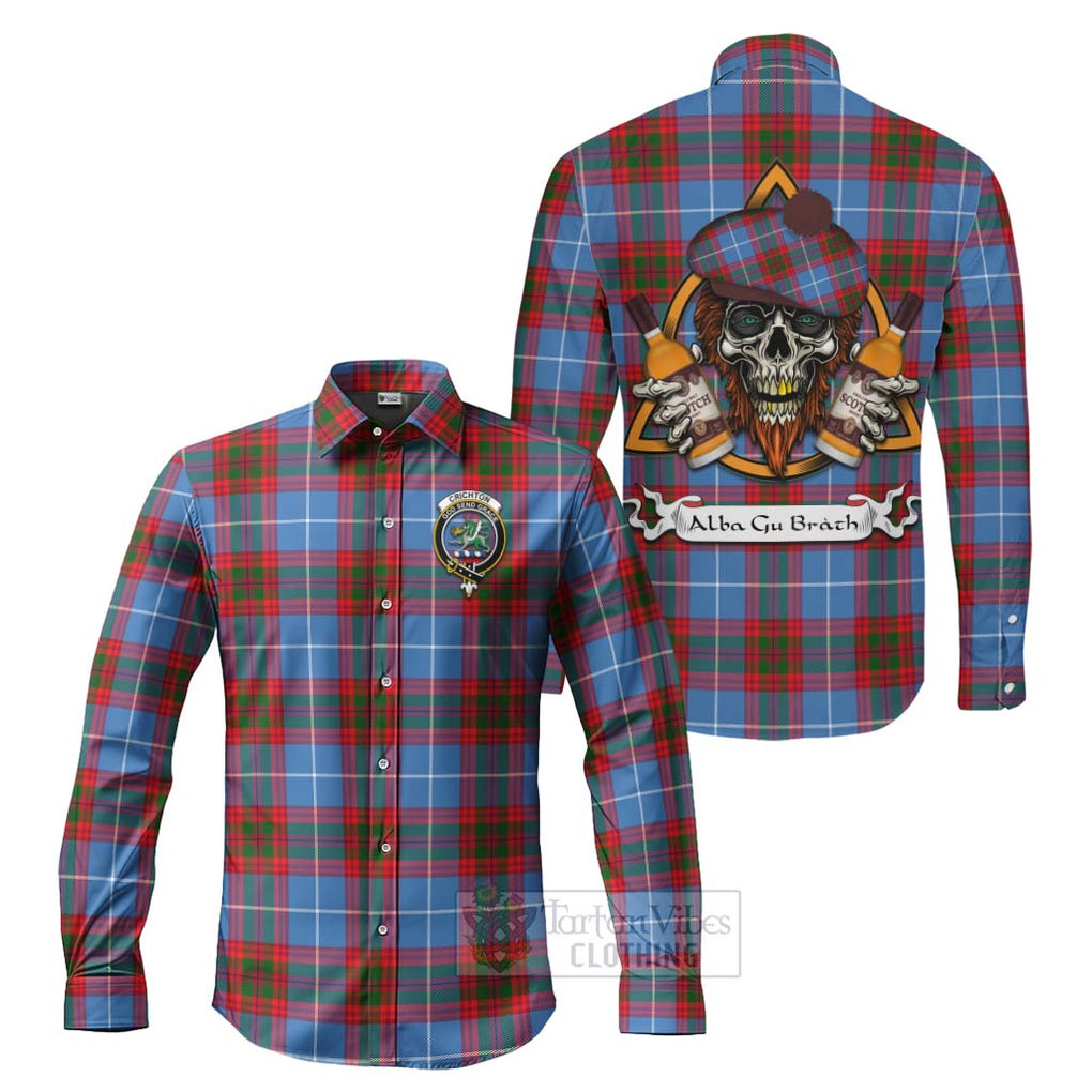 Tartan Vibes Clothing Crichton (Crighton) Tartan Long Sleeve Button Shirt with Family Crest and Bearded Skull Holding Bottles of Whiskey