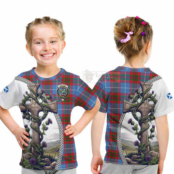 Crichton (Crighton) Tartan Kid T-Shirt with Family Crest and St. Andrew's Cross Accented by Thistle Vines - Tartan Vibes Clothing