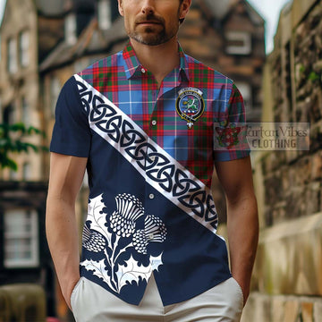 Crichton (Crighton) Tartan Short Sleeve Button Shirt Featuring Thistle and Scotland Map