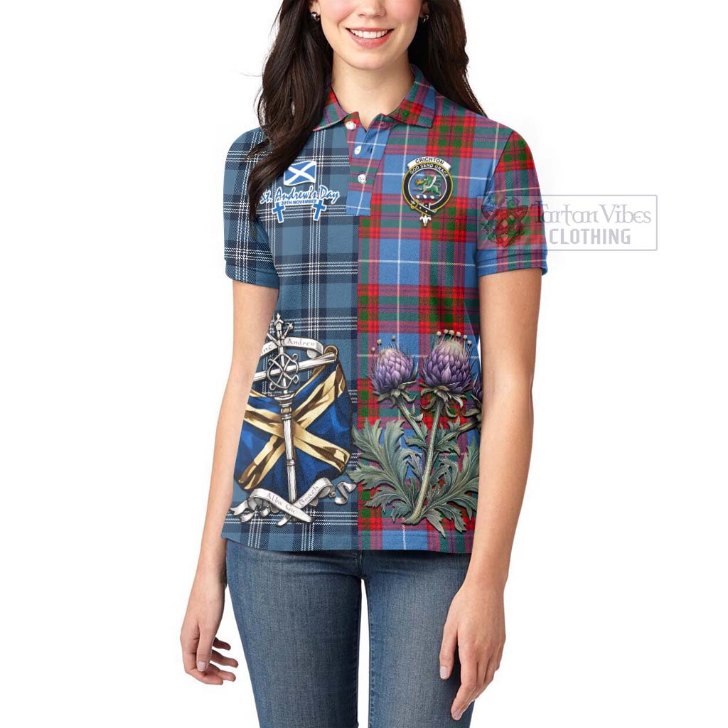 Tartan Vibes Clothing Crichton (Crighton) Tartan Women's Polo Shirt Happy St. Andrew's Day Half Tartan Style