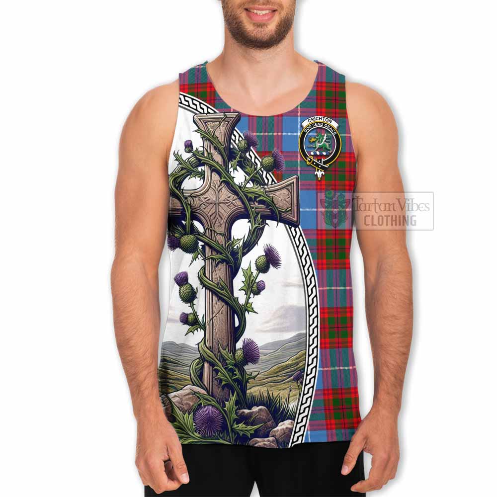 Tartan Vibes Clothing Crichton (Crighton) Tartan Men's Tank Top with Family Crest and St. Andrew's Cross Accented by Thistle Vines