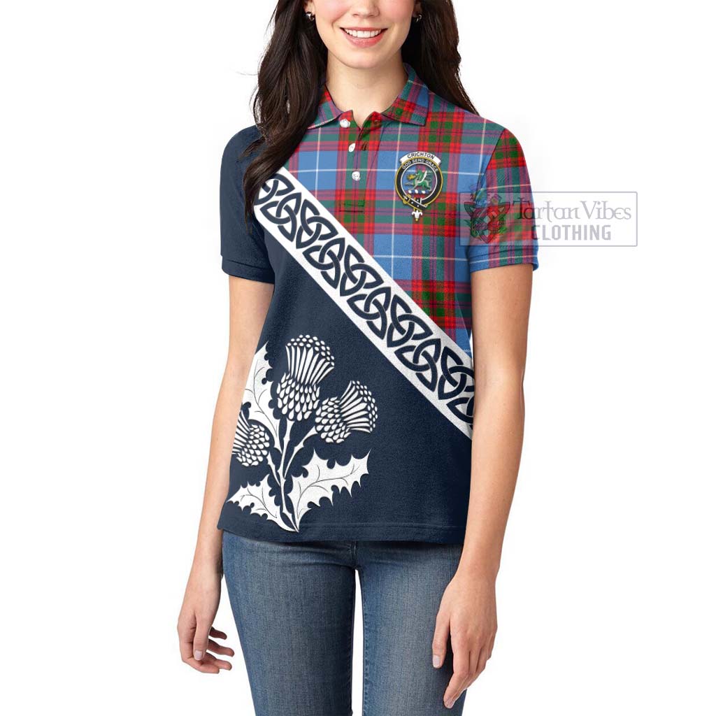 Tartan Vibes Clothing Crichton (Crighton) Tartan Women's Polo Shirt Featuring Thistle and Scotland Map