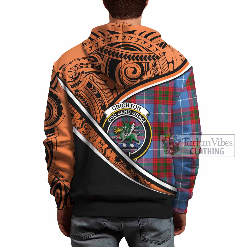 Tartan Vibes Clothing Crichton (Crighton) Crest Tartan Hoodie with Maori Tattoo Style - Orange Version